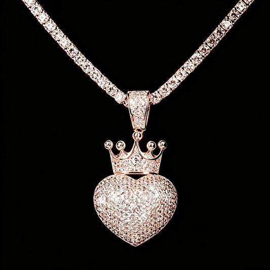 Iced Out Crowned Heart Pendant Micro Pave Cubic Zirconia Crown Love Heart Charm 18K Gold Plated Hip Hop Necklace Bling Rhinestone Heart Crown Jewelry For Men Women Trendy Rap Accessory Romantic Lovers Gift Fine Jewelry Gifts