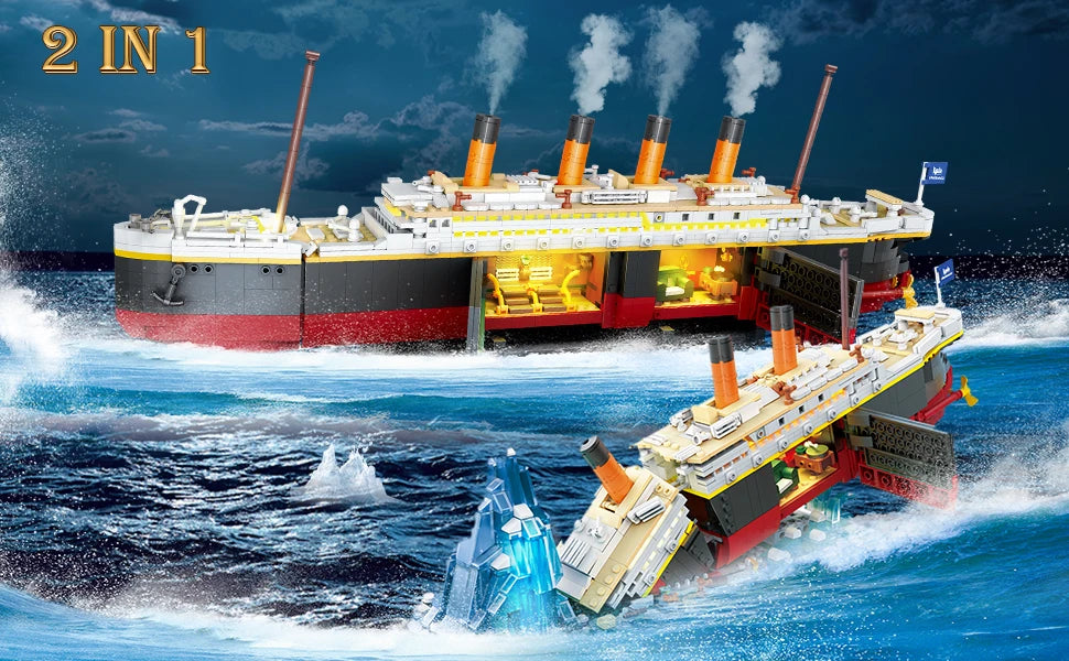 Titanic Building Set with LED-2 in 1 Titanic Ship Mini Block Ship Model with Glacier Display Stand Toy Gift for Adults Kids10+