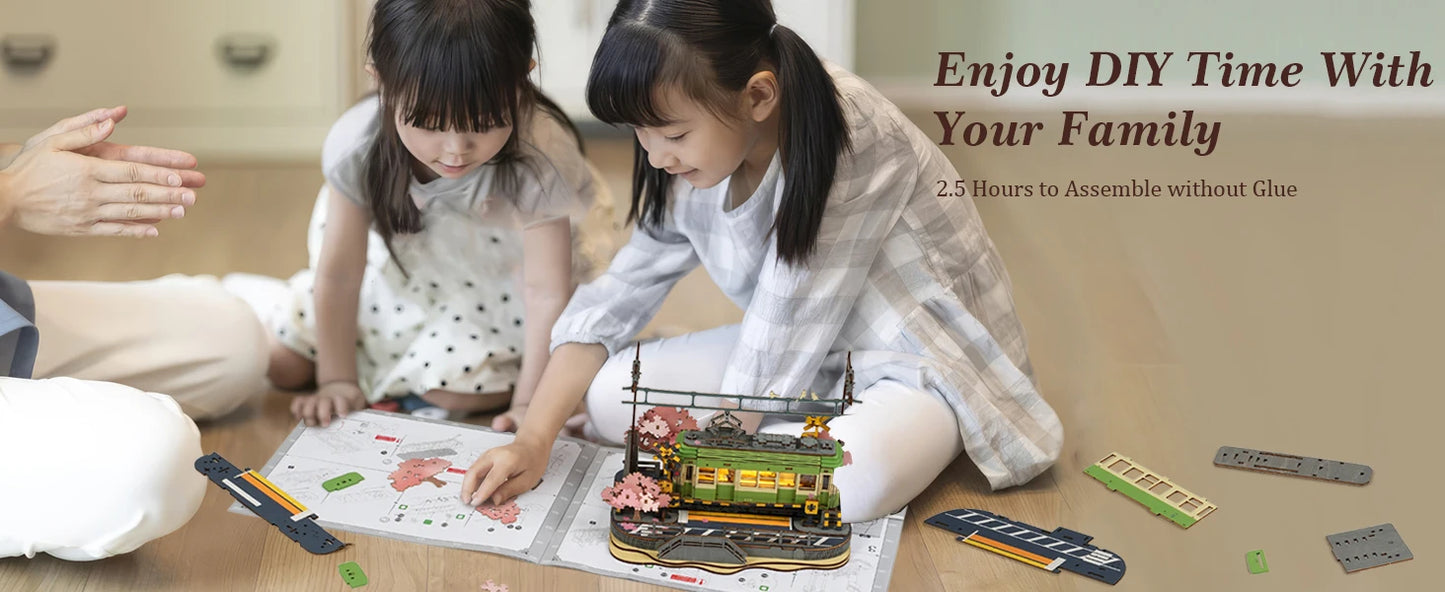 Rolife Wooden 3D Puzzle Sakura Journey Tram DIY Model Building Toy with LED for Bookshelf Home Decor Gifts for Adults Family