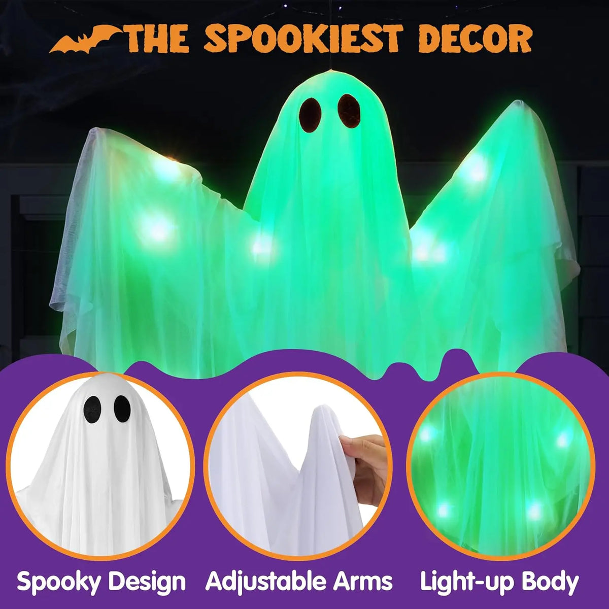 47” Halloween Hanging White Ghost Halloween Hanging Light up Ghost with Spooky Green Blue Purple LED Light  Decoration for Front Yard Patio Lawn Garden Party Decor Indoor Outdoor