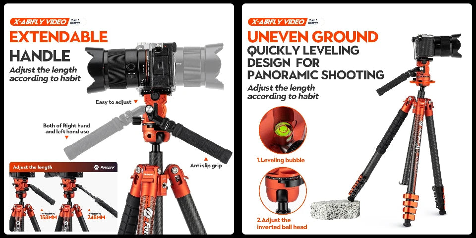 Fotopro X-Airfly Video Carbon Fiber Tripod 164CM Portable Travel Tripod for Camera with  Ball Head Fluid Head  Flip Lock