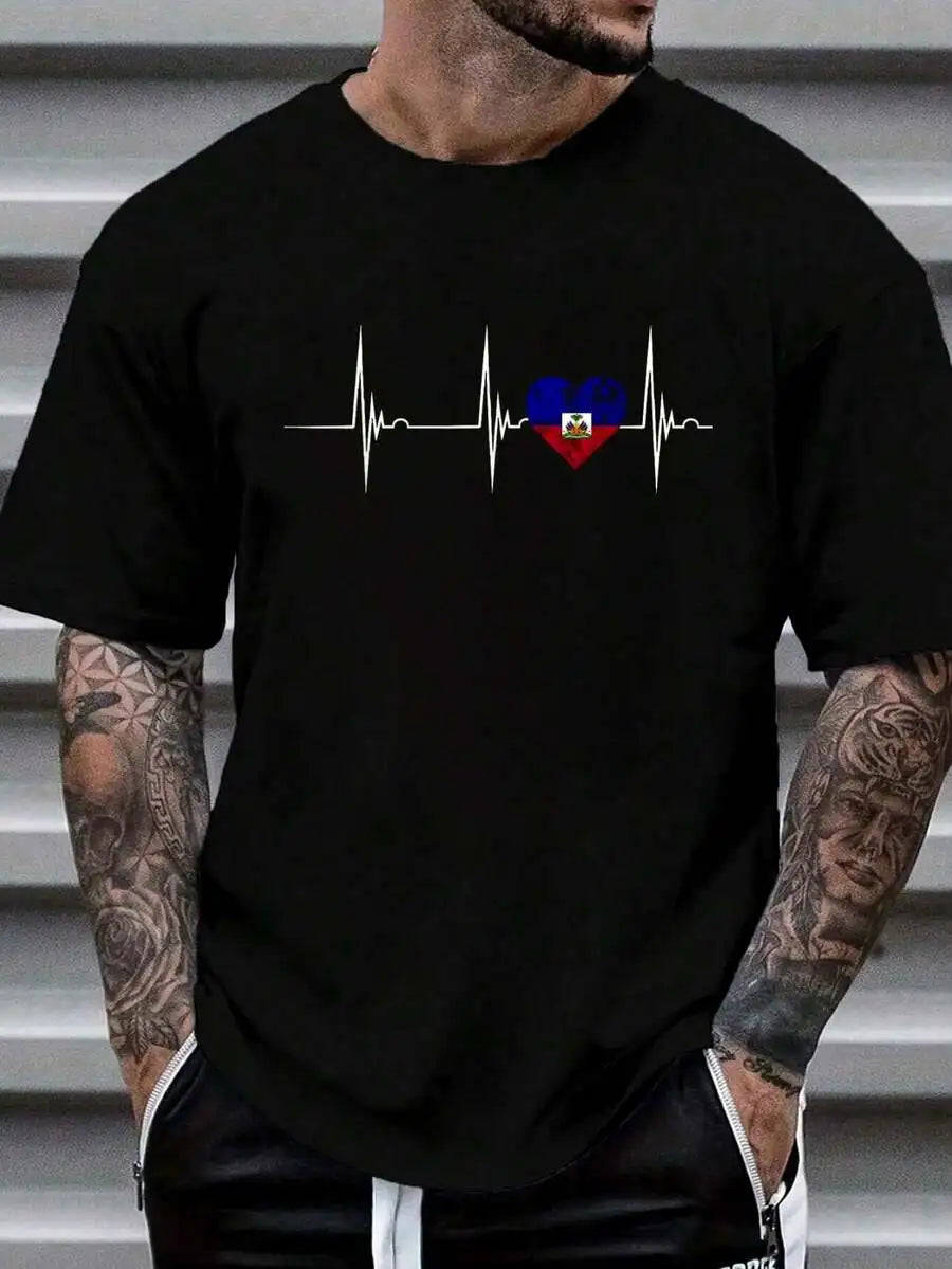 100% Cotton Haiti Heart Haitian Heartbeat EKG Pulse Haiti Pride T-Shirt Women's Men's Graphic Tee Causal Tops Fashion Tshirt Sho