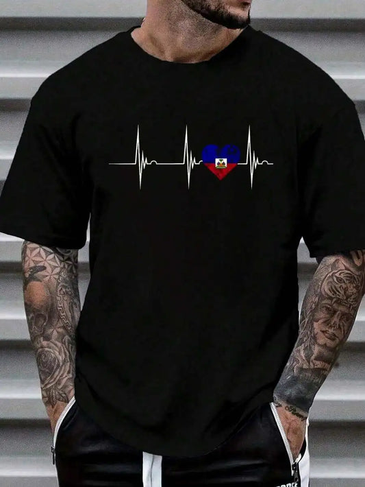 100% Cotton Haiti Heart Haitian Heartbeat EKG Pulse Haiti Pride T-Shirt Women's Men's Graphic Tee Causal Tops Fashion Tshirt Sho