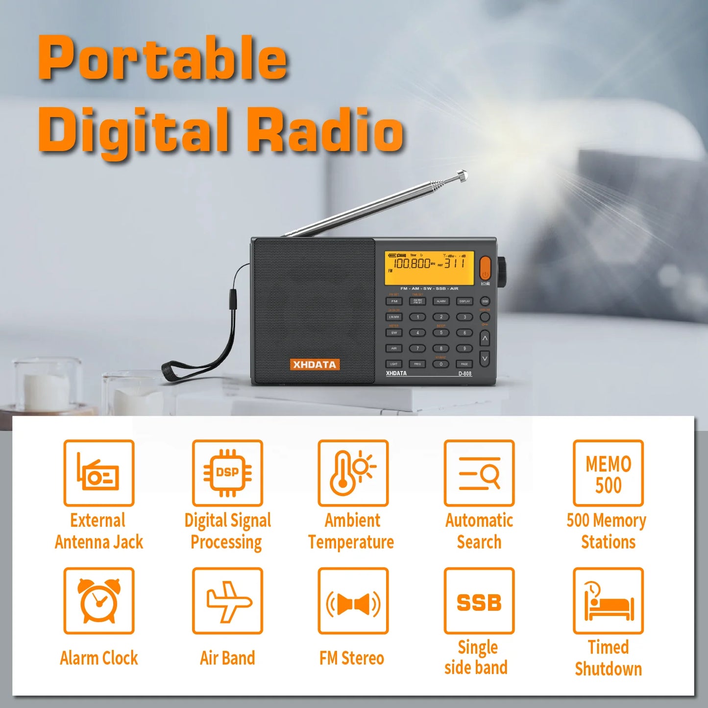 XHDATA D-808 Portable AM/FM/SW/MW Radio With RDS SSB