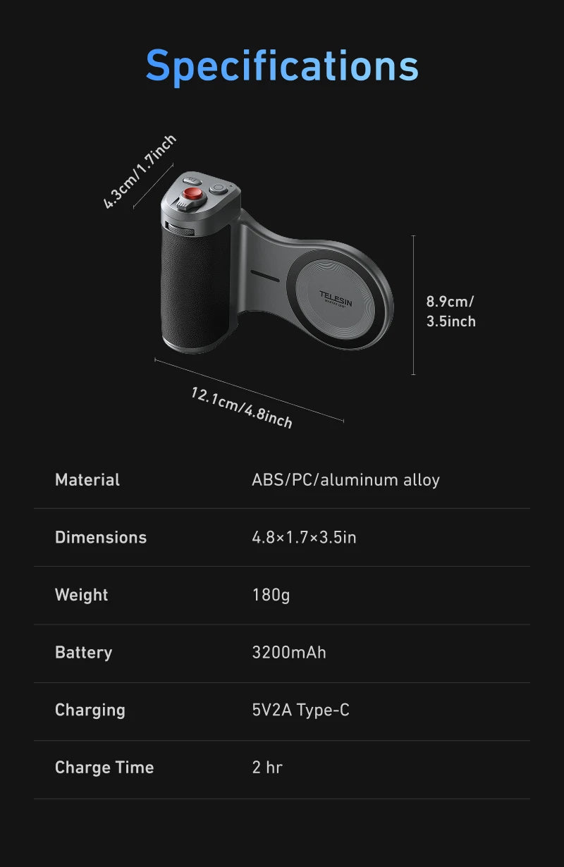TELESIN Master Grip Set for iPhone17 Pro Pro Max Magnetic Phone Camera Hand Grip Holder 3200Mha Powerbank with Wireless Charging