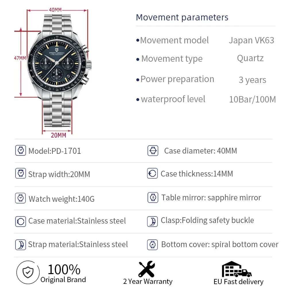 PAGANI DESIGN 1701 Moon Men's Watches Luxury Chronograph Quartz Watch For Men AR Sapphire Glass 100M Waterproof Wristwatch 2026
