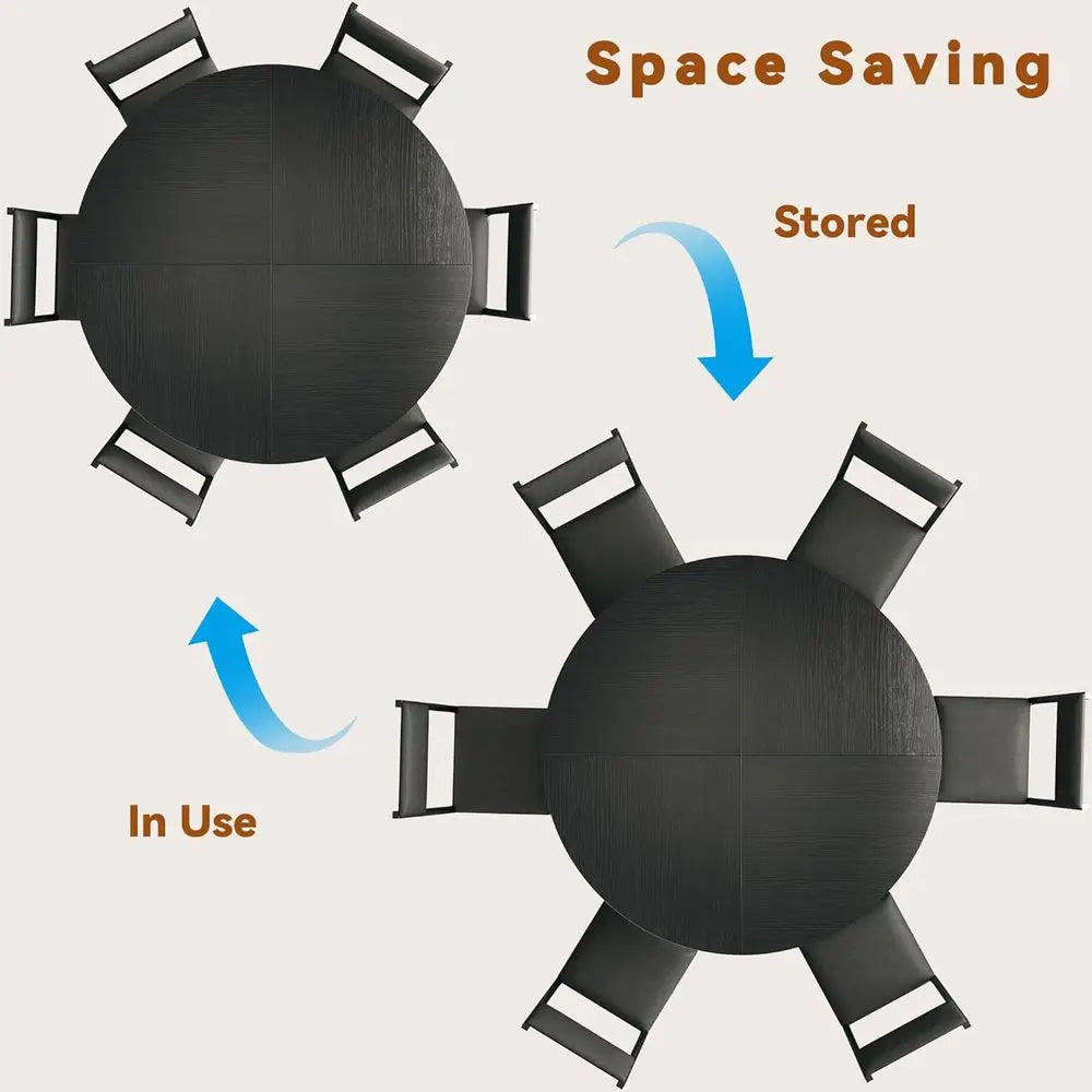 6-7 Piece Dining Set, 47 Round Table with Chairs, Space-Saving Wood Base for Kitchen & Living Room, Black