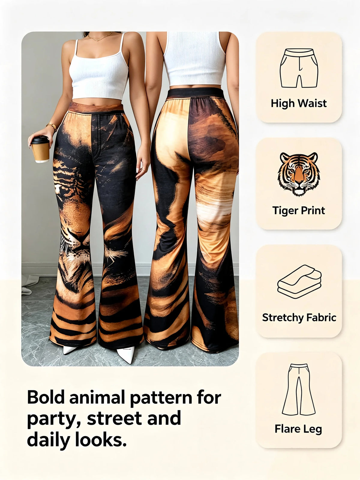 Women High Waist Tiger Print Flare Pants Vintage Animal Pattern Stretch Bell‑Bottom Trousers Club Party Streetwear Pants