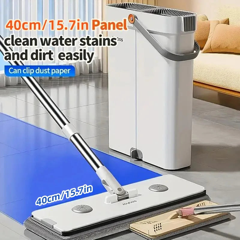 Joybos Ultra-Slim Flat Mop and Bucket System, Hands-Free Wash & Dry Floor Mop Set with 2 Microfiber Pads, 360° Swivel Mop with Squeegee Edge for Hardwood Tile Laminate