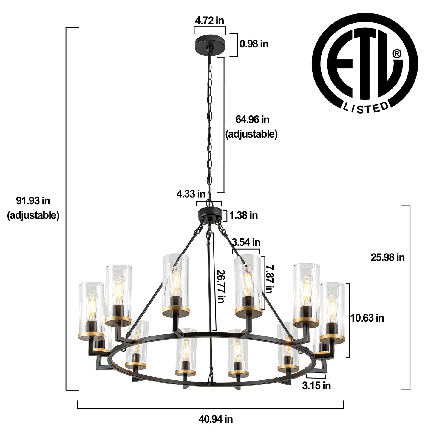 12 Lights High Translucent Large Glass Chandeliers Rustic Black Chandelier For Living Room Foyer Entryway Decor Fixture