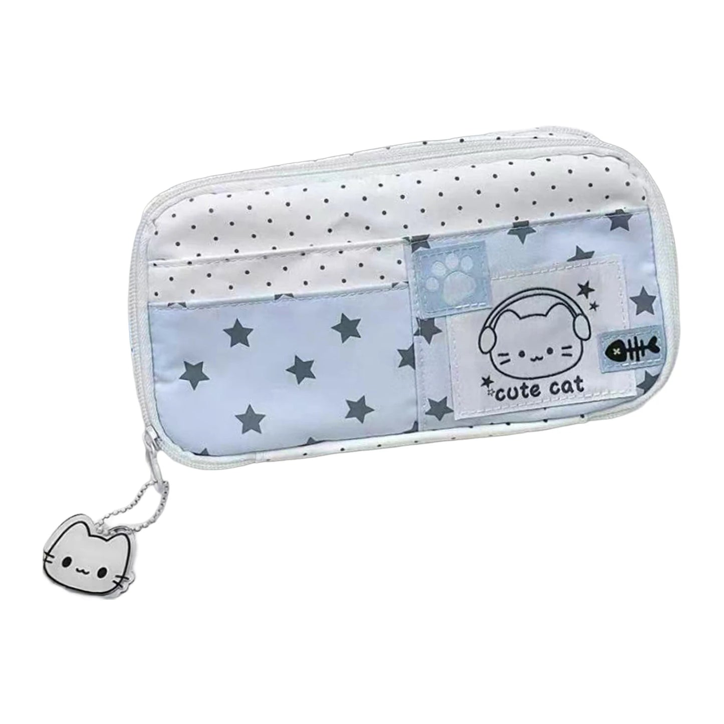 Cute Cat Polka Dot Pencil Case Blue Multi-Layer Large Capacity Pen Bag Portable Student School Stationery Storage Pouch