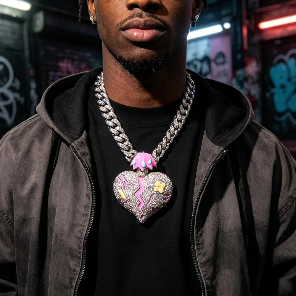18K Gold Plated Broken Heart Charm Hip Hop Cuban Chain Necklace Iced Out Broken Heart Umbrella Tears Pendant Full Paved CZ For Rapper Street Style Club Party Daily Wear Emotional Statement Accessory Trendy Gift Y2K Sad Healin