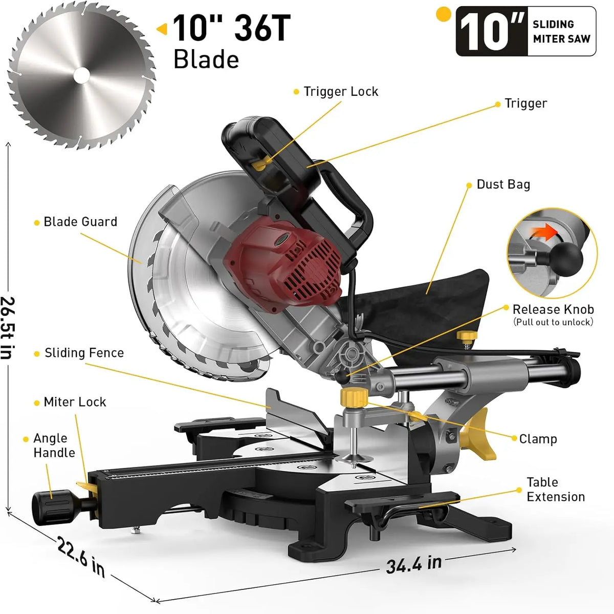 10/12 Inch Single/Dual-Bevel Sliding Compound Miter Saw, 5000/3800RPM, 0-45°, 15 Amp, 36T Blade Precision Cutting Power Saw