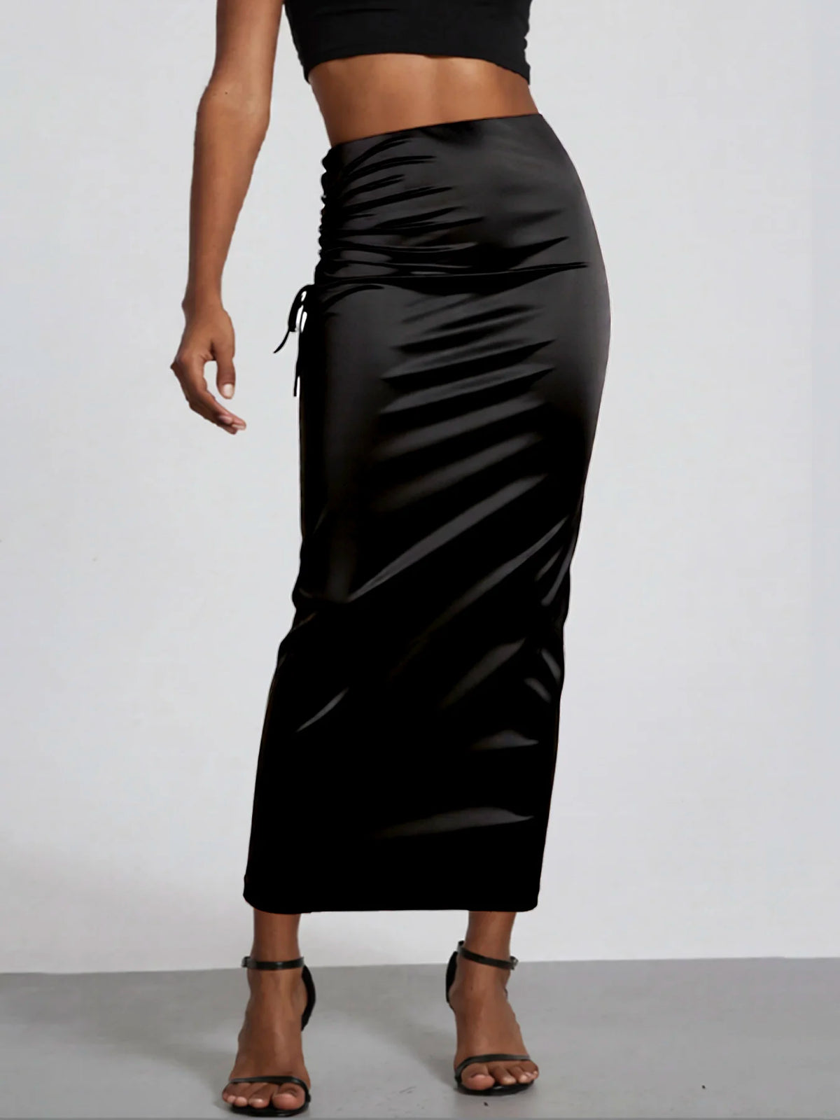 Women Black Satin High Waist Midi Skirt Ruched Drawstring Bodycon Long Skirt Elegant Club Party Evening Cocktail Wear