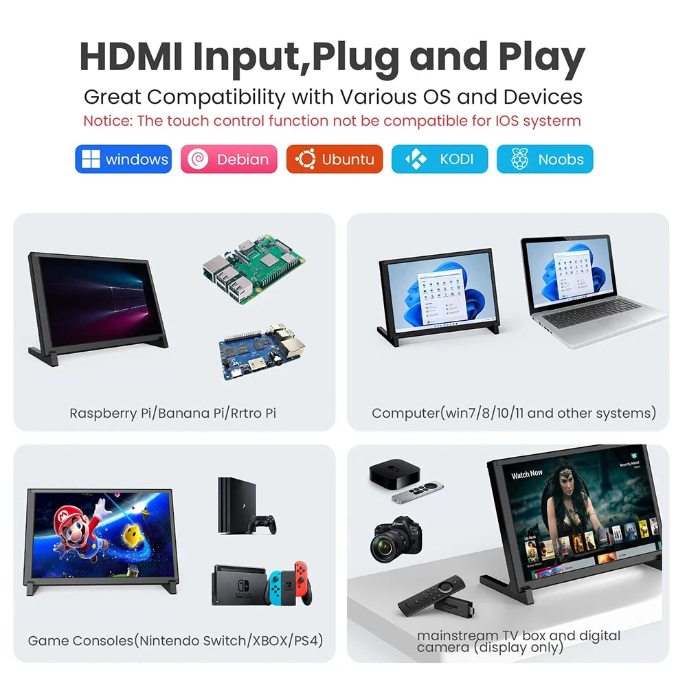 EYOYO Driver-free 10-point Capacitive Touchscreen Monitor 1280x800PX 10-inch Raspberry Pi Display For Laptop PC Win 7/8/10