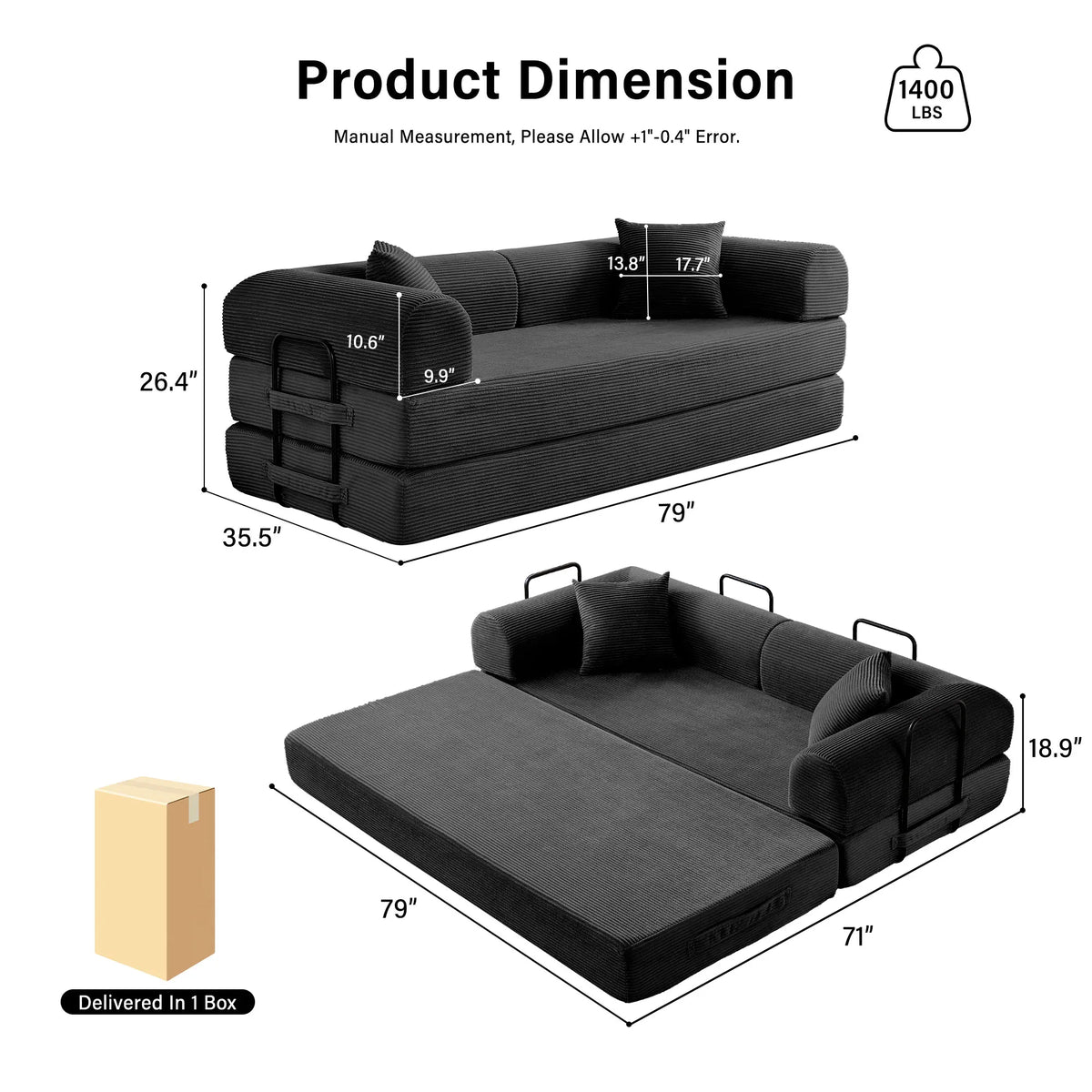 79'' Boneless Couch Foldable Convertible Futon Sleeper Sofa Bed Floor Lounge with L-Shaped Armrests for Living Room Sofas