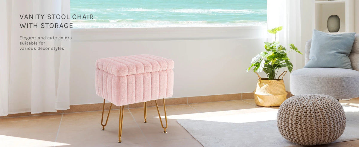 JHK Faux Fur Upholstered Storage Ottoman Metal Legs Padded Seat