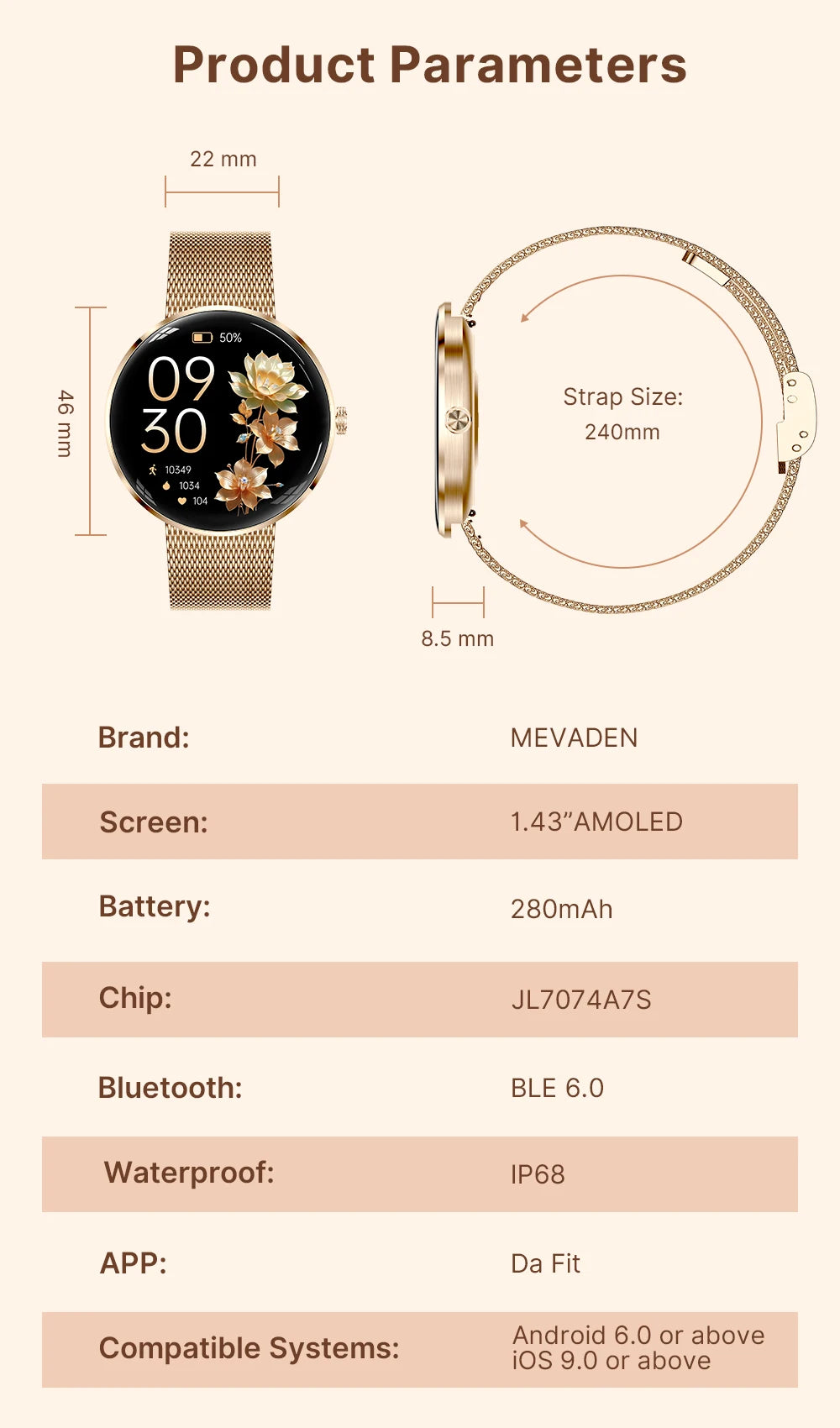 MEVADEN 1.43" AMOLED Screen Women Smart Watch 8.5mm Ultra-thin Stainless Steel Luxury Smartwatch Health Monitor Sport Watch H33
