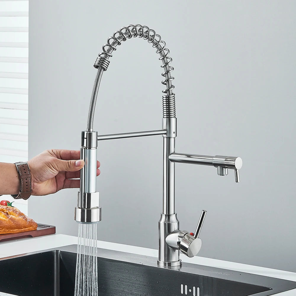 Black Spring Pull Down Stainless Steel Kitchen Sink Faucet Hot Cold Water Mixer Crane Tap with Dual Spout 360° Rotation Faucet