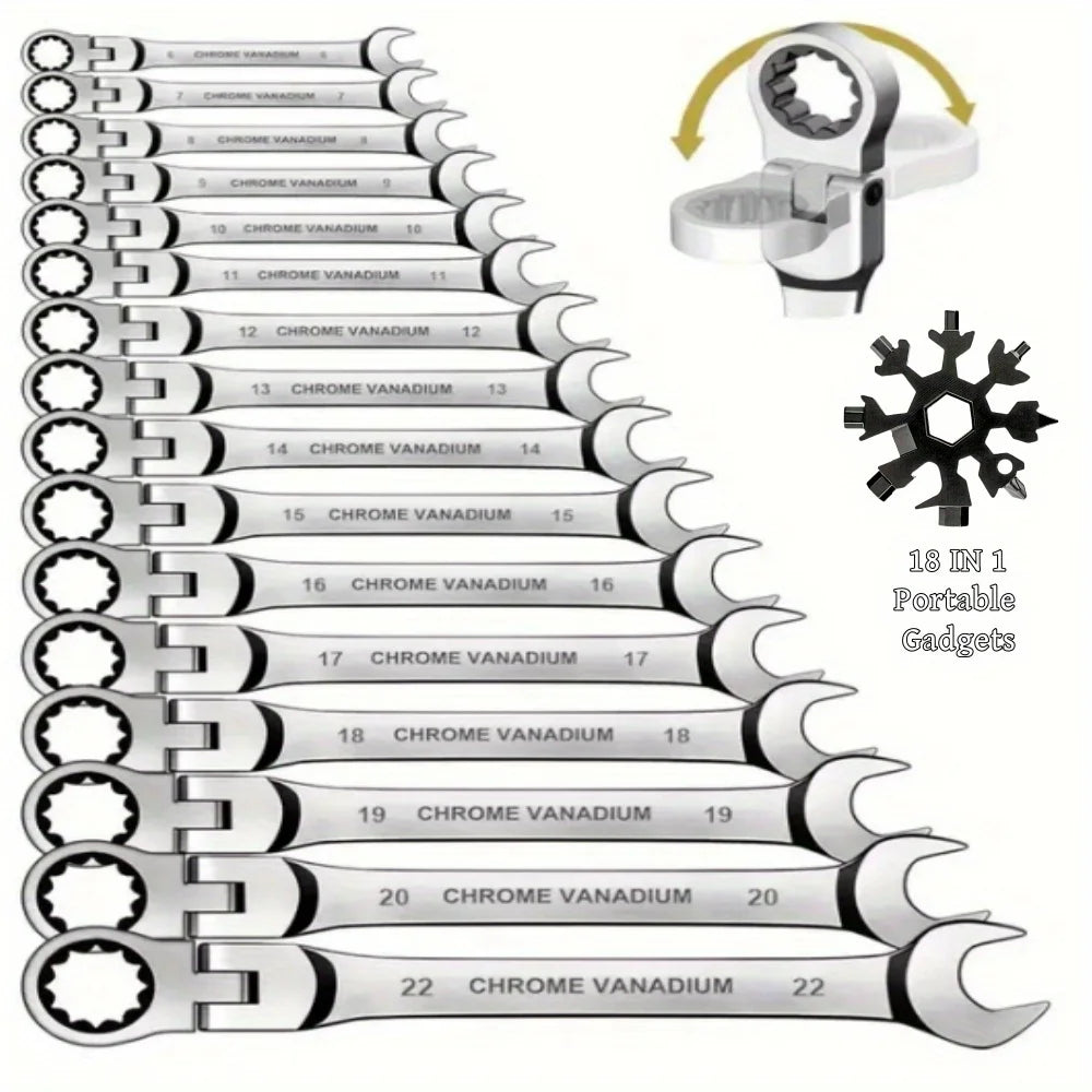 Flexible Ratcheting Combination Wrench Set,6-17mm Metric Key Wrench Ratchet Spanner Metric Hand Tool Sets,Car Repair Tools