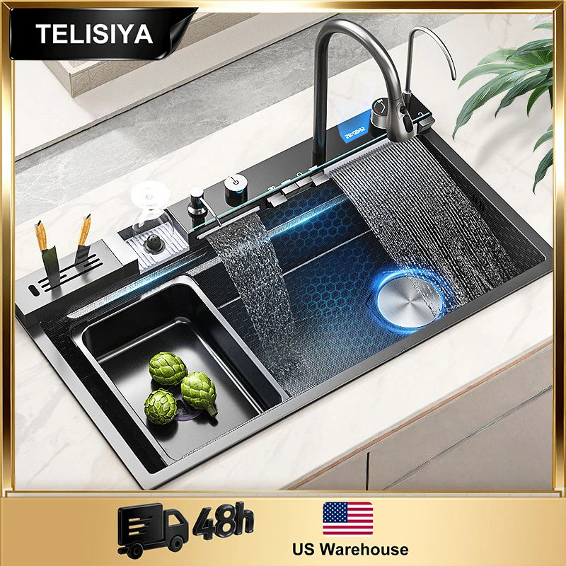 Stainless Steel Kitchen Sink Multifunctional Digital Display Waterfall Large Single Slot Ships from the U.S.