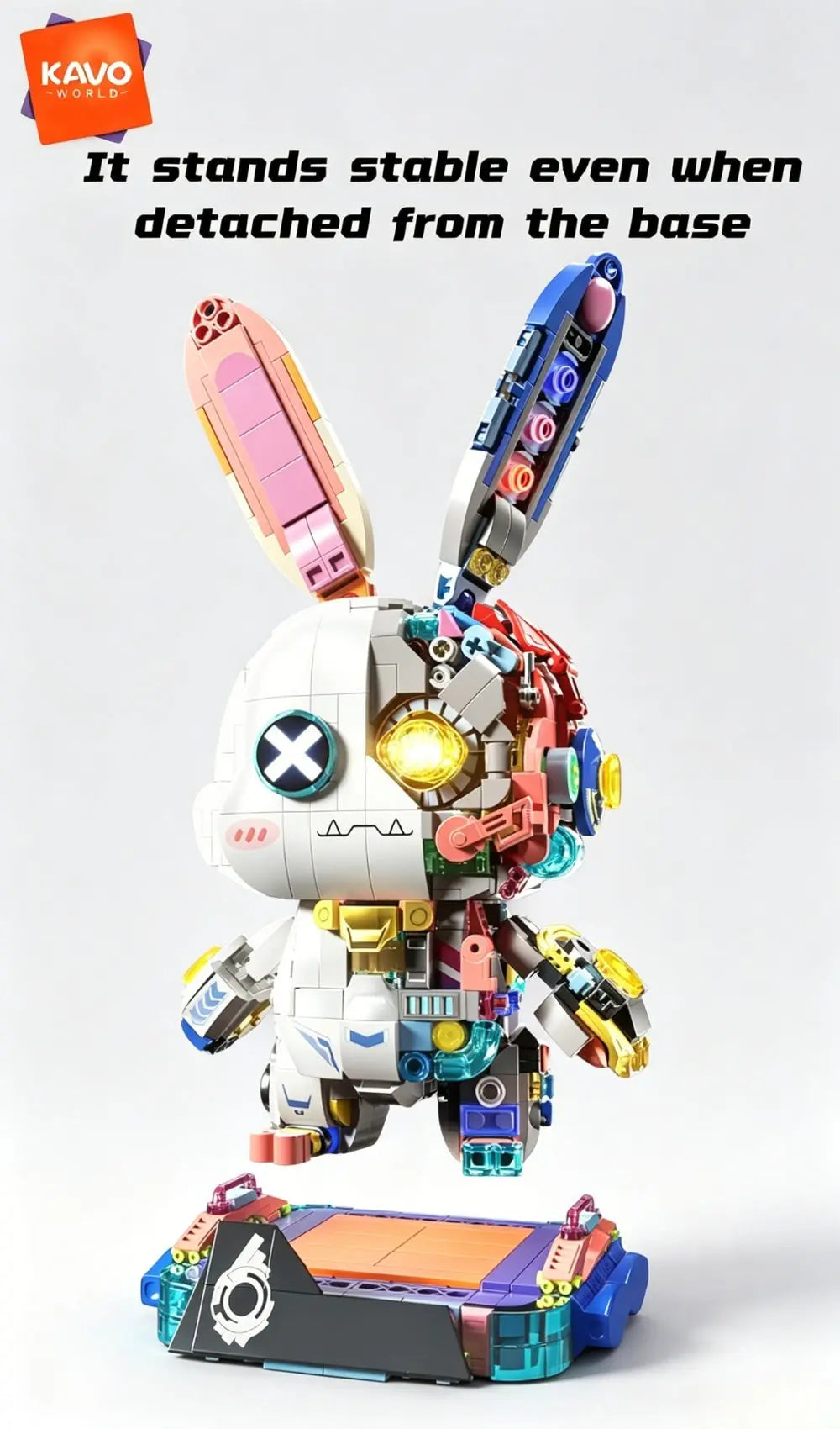 KAVOWORLD 1377pcs Mecha Technical Rabbit Building Blocks Set Cyber Bunny Model Kit Mechanical Animal Building Bricks Robot Bunny Figure Cyborg Toy Tech Bunny LED Light Up Glow in Dark Collectible Display Posable Joints DIY As