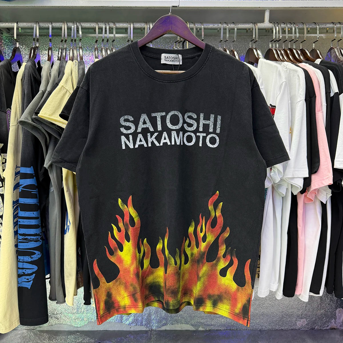 Free shipping New Satoshi Nakamoto fashion T-shirt hotfix rhinestone and Printed with Washed Oversized 100% cotton Men Women T-shirts Y2K Fashion streetwear
