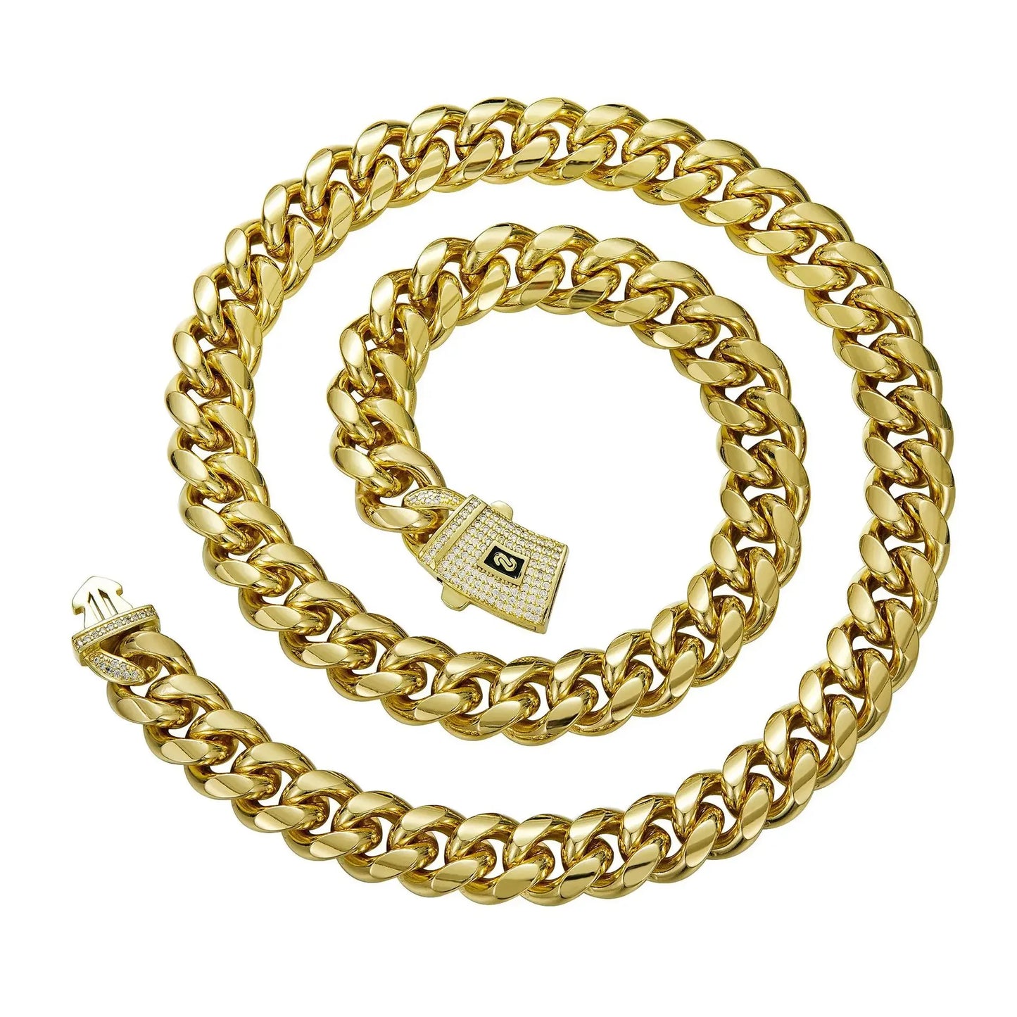 Stainless Steel Cuban Miami Chain Necklace CZ Box Lock