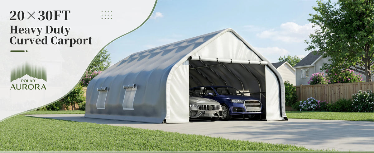 Polar Aurora 20x30 FT Heavy Duty Curved Carport, Portable Car Tent Garage with Reinforced Galvanized Steel Frame, Enclosed Car Port Canopy with Roll-Up Windows & Doors for Truck, Boat, Silver
