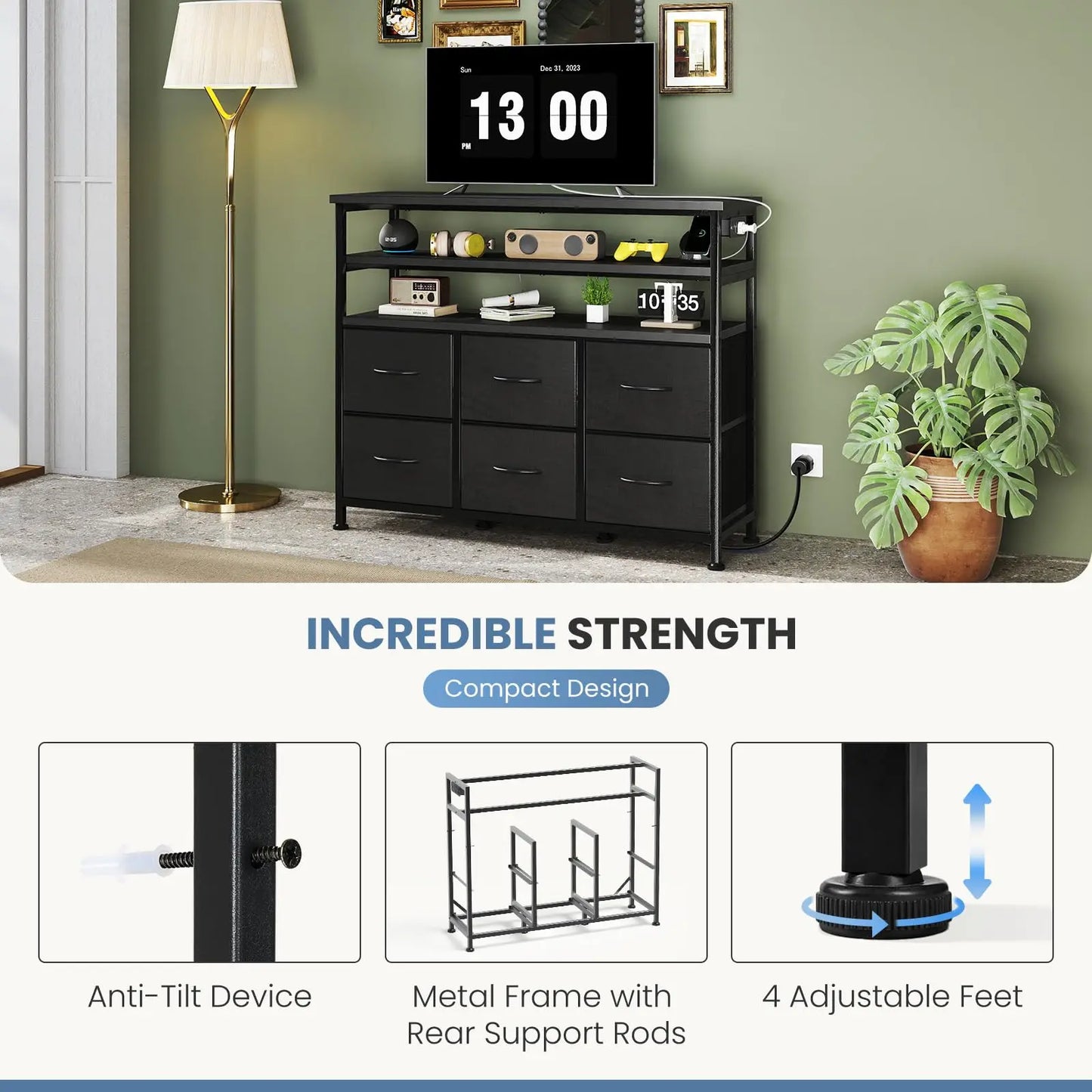 JHK TV Stand Dresser For Living Room With 6 Fabric Drawers Storage Up to 45 inch TV Wood Top TV Media Console Table Cabinet