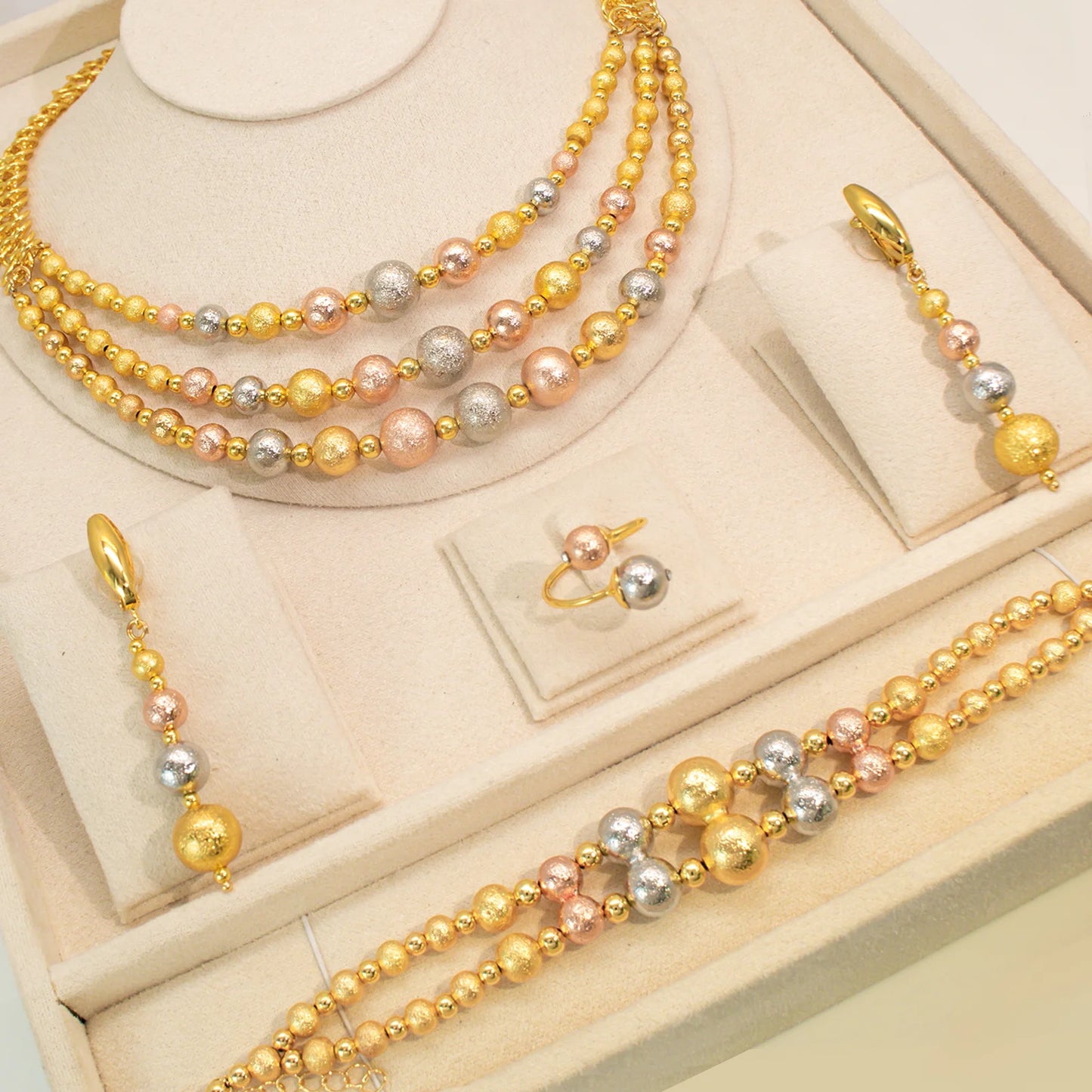 GZJPEI 4 Pcs/set 2026 Fashion Women Jewelry Set Multi Layer Three Tone Beads Jewelry Accessories For Lady Birthday Gifts