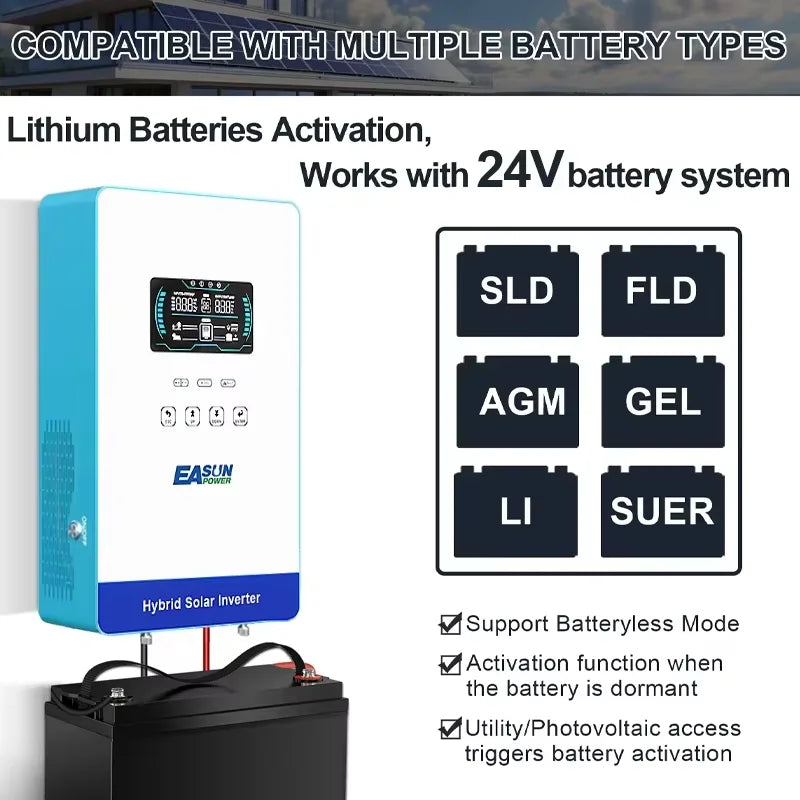 EASUN POWER hybrid Soalr Inverter 4KW MPPT 140A 350VDC PV Input 110VAC 24VDC 4000W Pure Sine Wave 6.25 Inch LCD Display Household for US