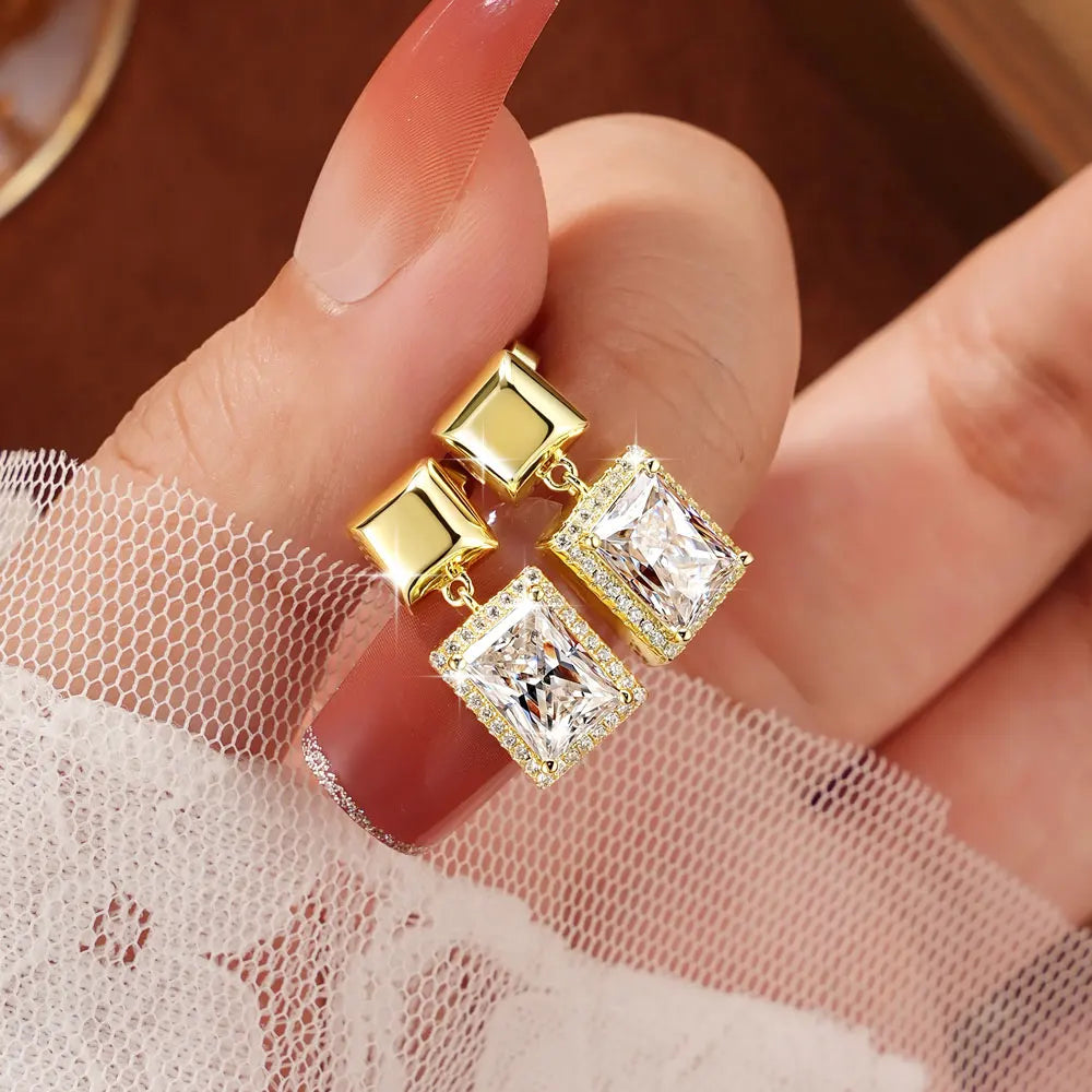 OXTAO Brilliant Geometric Stud Earrings for Women 14K Gold Filled 6x8mm Moissanite Drop Earrings Fashion Wedding Party Gift