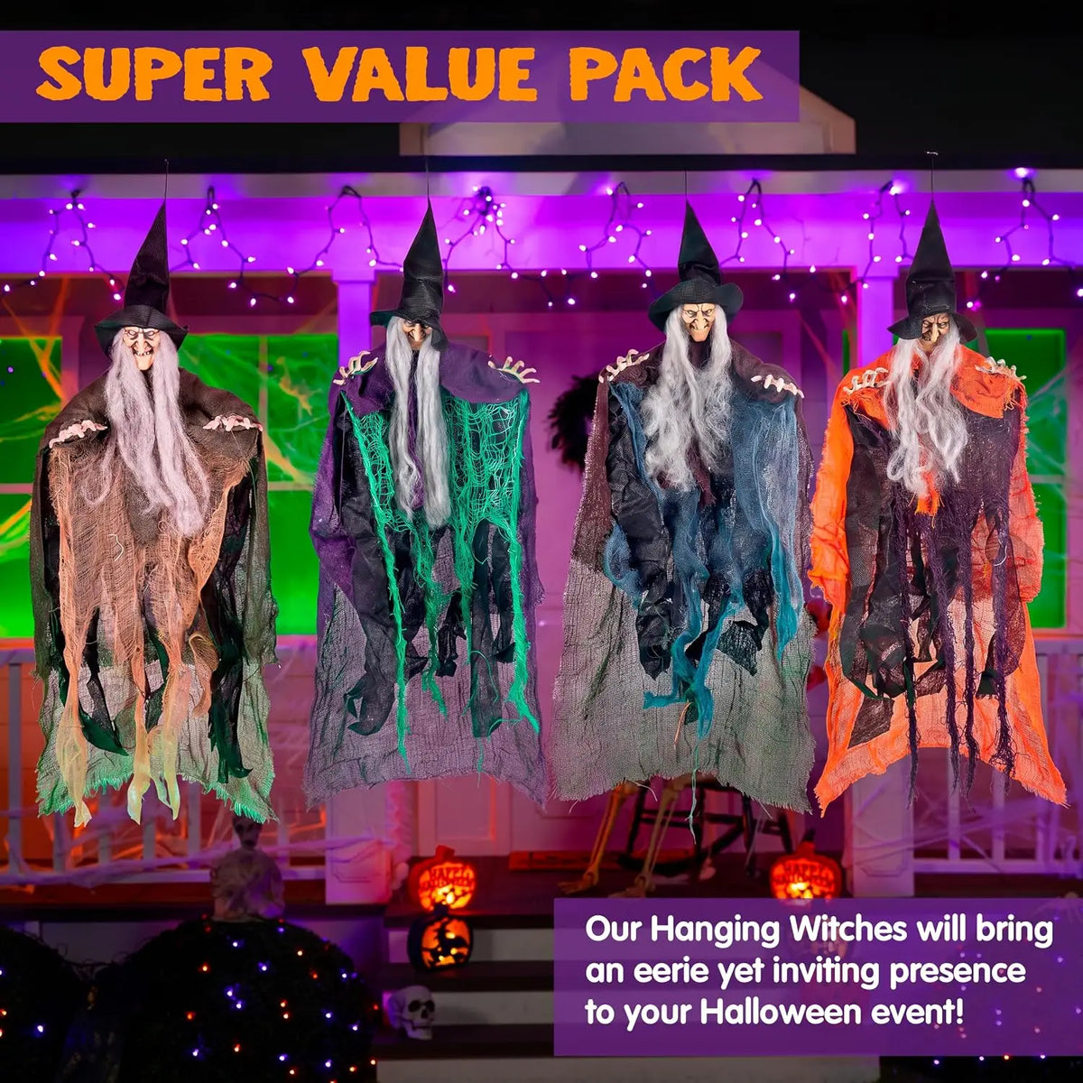 4 Pcs Hanging Witch Halloween Decorations Outdoor Indoor Flying Haunted House Scary Decor for Lawn Garden Yard