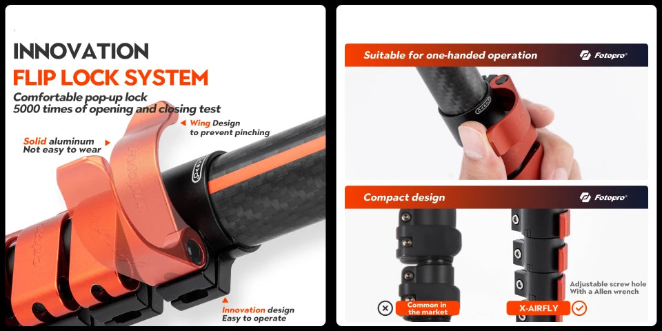 Fotopro X-Airfly Video Carbon Fiber Tripod 164CM Portable Travel Tripod for Camera with  Ball Head Fluid Head  Flip Lock