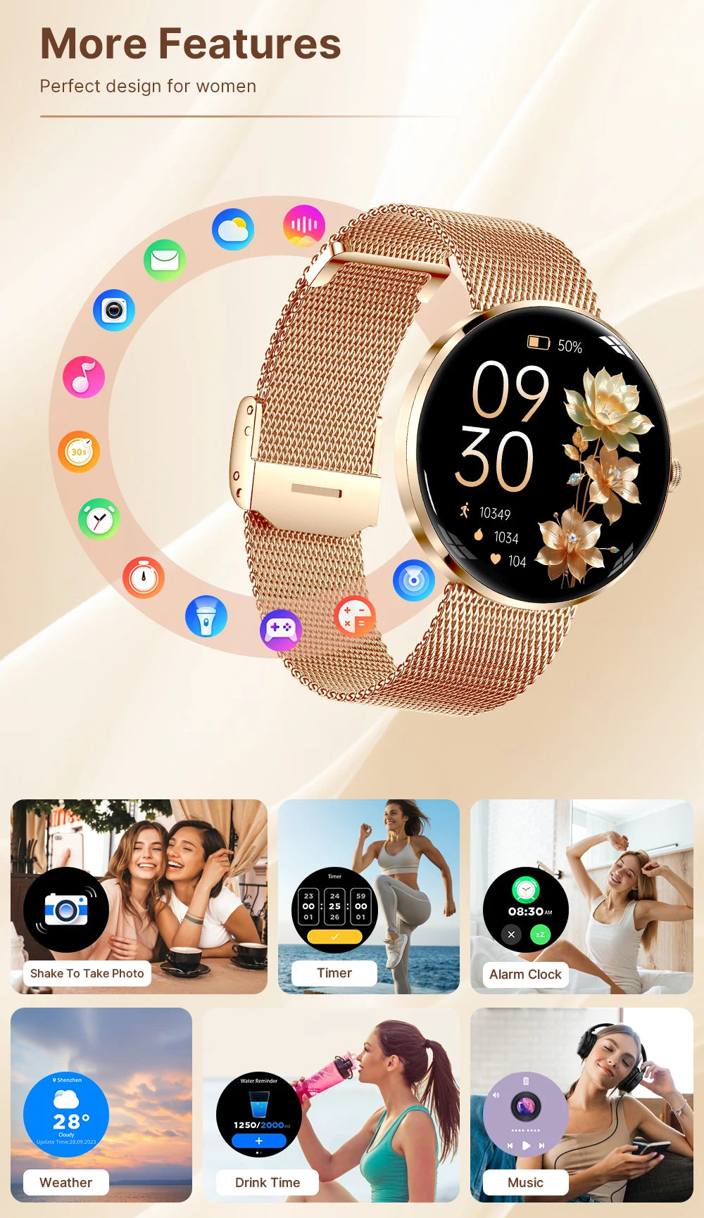 MEVADEN 1.43" AMOLED Screen Women Smart Watch 8.5mm Ultra-thin Stainless Steel Luxury Smartwatch Health Monitor Sport Watch H33