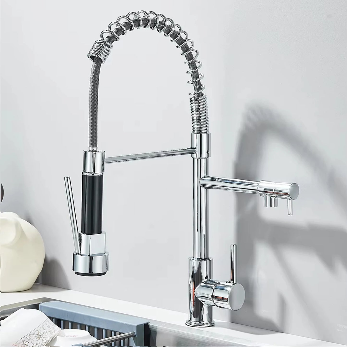 Black Spring Pull Down Stainless Steel Kitchen Sink Faucet Hot Cold Water Mixer Crane Tap with Dual Spout 360° Rotation Faucet
