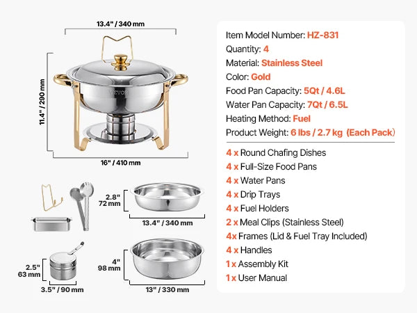 SucceBuy 4 Pack Chafing Dish Buffet Set Stainless Steel Chafer W/4 Full Size Pan Round Catering Warmer Server for Party Banquets