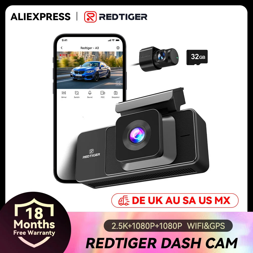 REDTIGER A3  3 Cameras Front/Cabin/Rear Cam Dash Cam Dash Camera Built-in 5.8Ghz WiFi GPS Car DVR Night Vision Parking Monitor