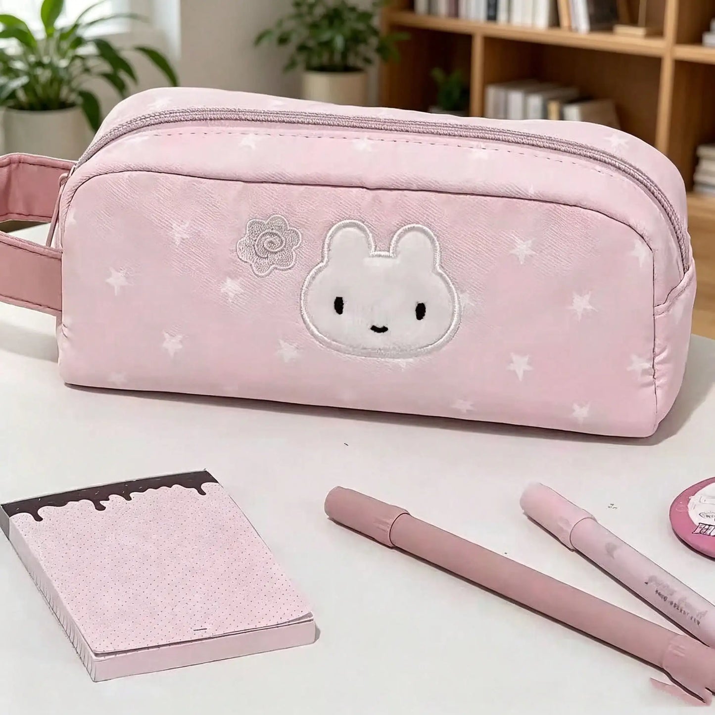 1pc Star Print Embroidery Animal Pencil Case, Soft Fabric Large Capacity Pen Pouch , Bunny & Panda Design Stationery Bag For Students, Portable Back To School Supplies To Store Pens Erasers And Small Learning Accessories,Back