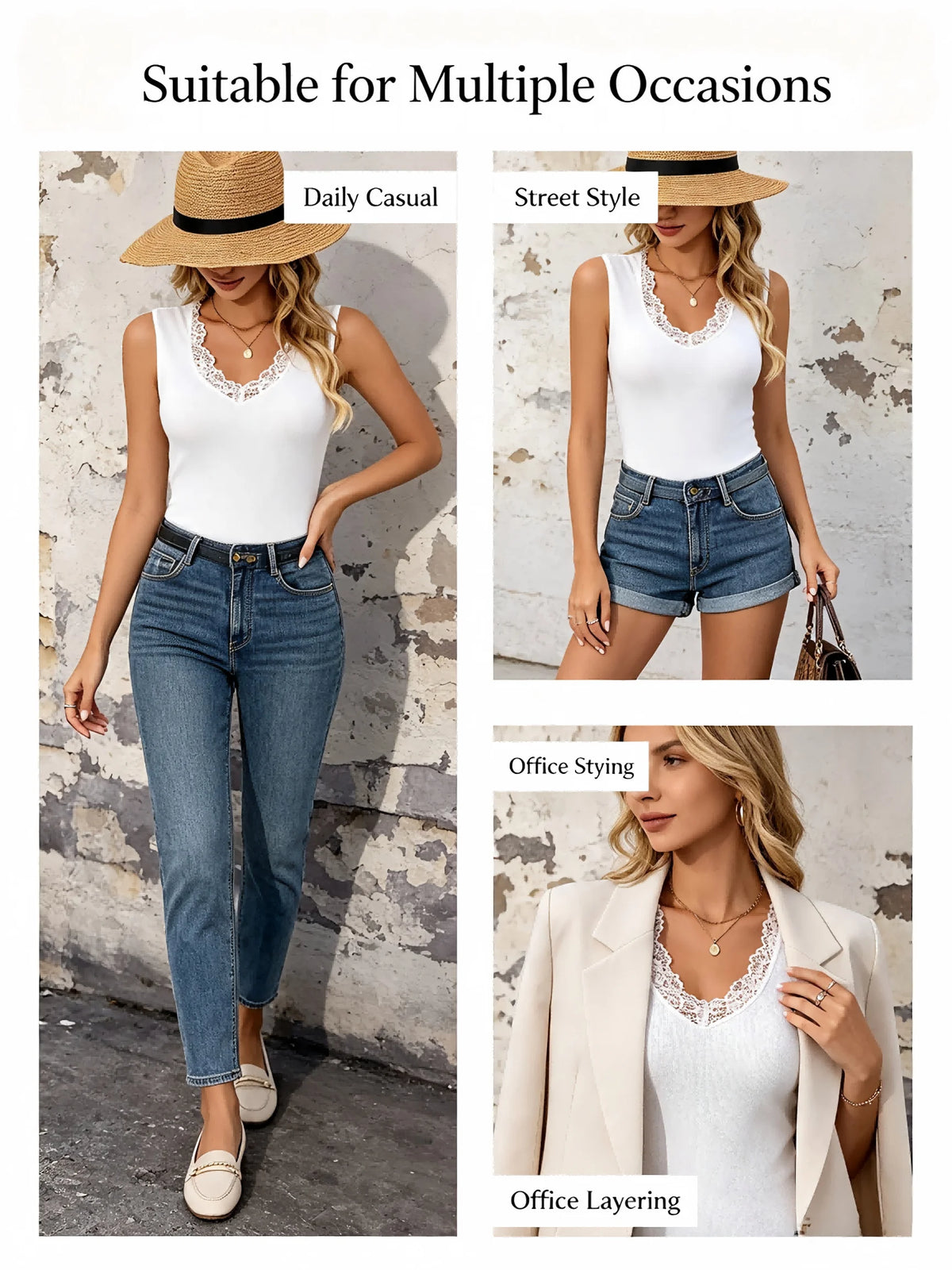 Women Lace V Neck Sleeveless Tank Top Ribbed Knit Slim Fit Vest Casual Daily Basic Cami Tops For Summer