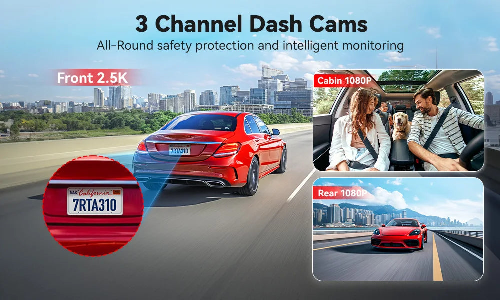 REDTIGER A3  3 Cameras Front/Cabin/Rear Cam Dash Cam Dash Camera Built-in 5.8Ghz WiFi GPS Car DVR Night Vision Parking Monitor