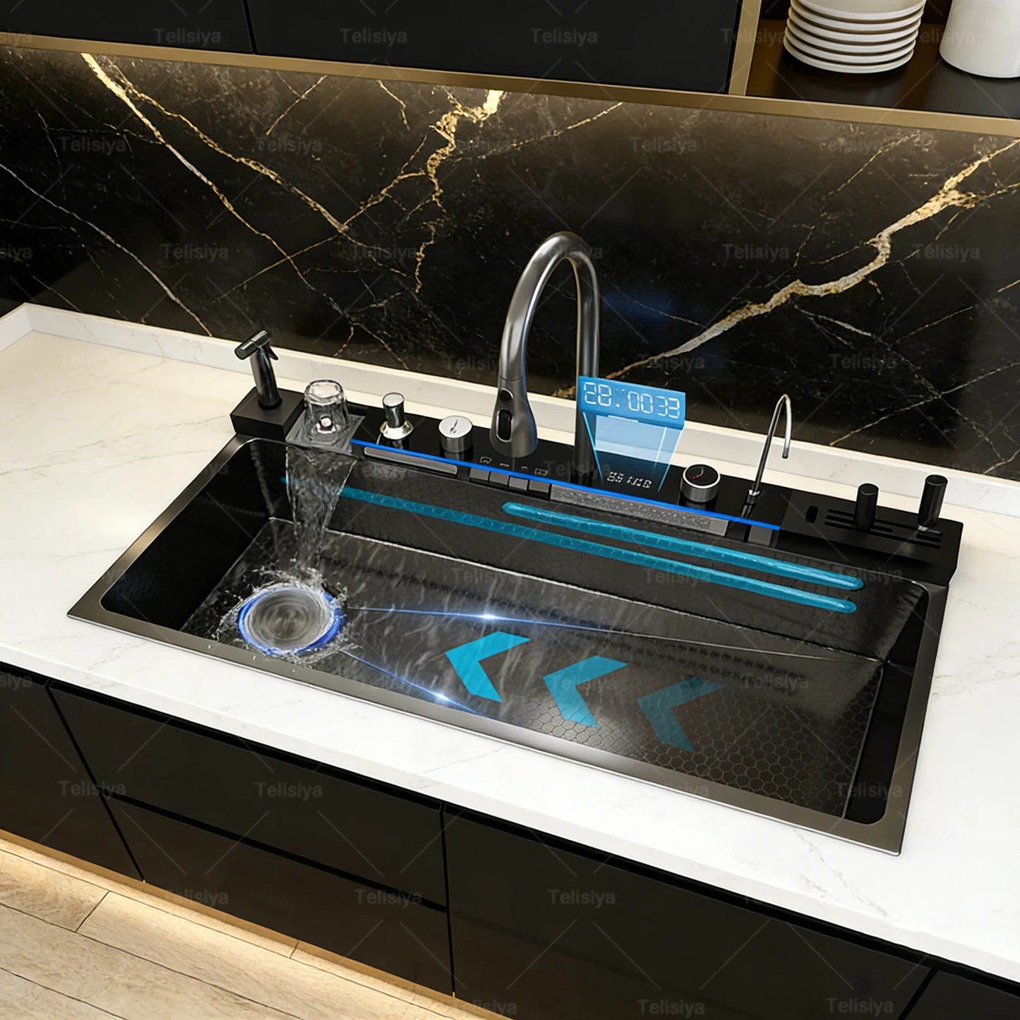 Stainless Steel Kitchen Sink Multifunctional Digital Display Waterfall Large Single Slot Ships from the U.S.