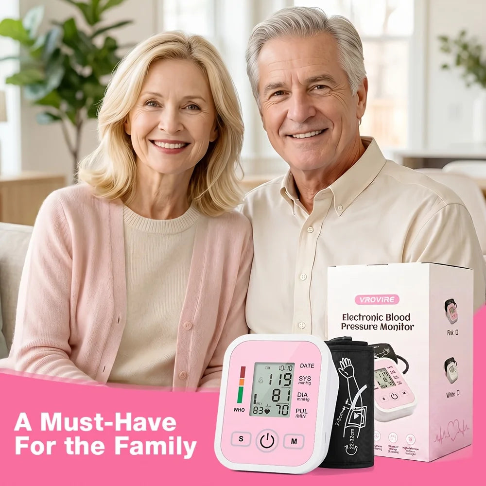 Upper Arm Blood Pressure Monitor Automatic Digital Heart Rate Pulse Meter Sphygmomanometer Tonometer with Large LCD Display Adjustable Cuff 22-42cm Dual Users Home Health Care Devices Support Type-C USB/AAA Battery Powered Sm