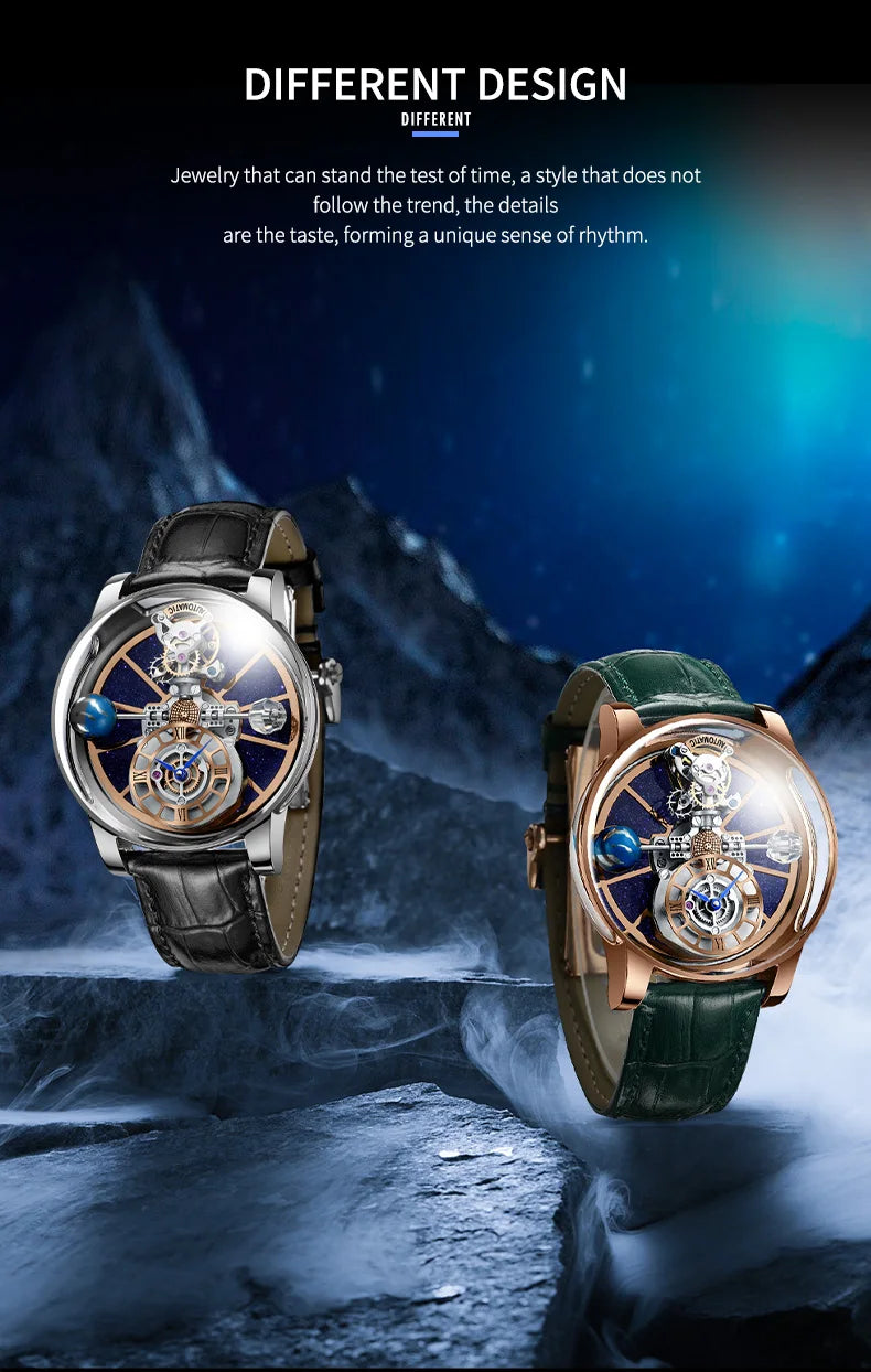 PINDU Design Man Wristwatch Transparent Hollow Design Celestial Roulette Quartz Watches Water Resistant Leather Men's Watch Box