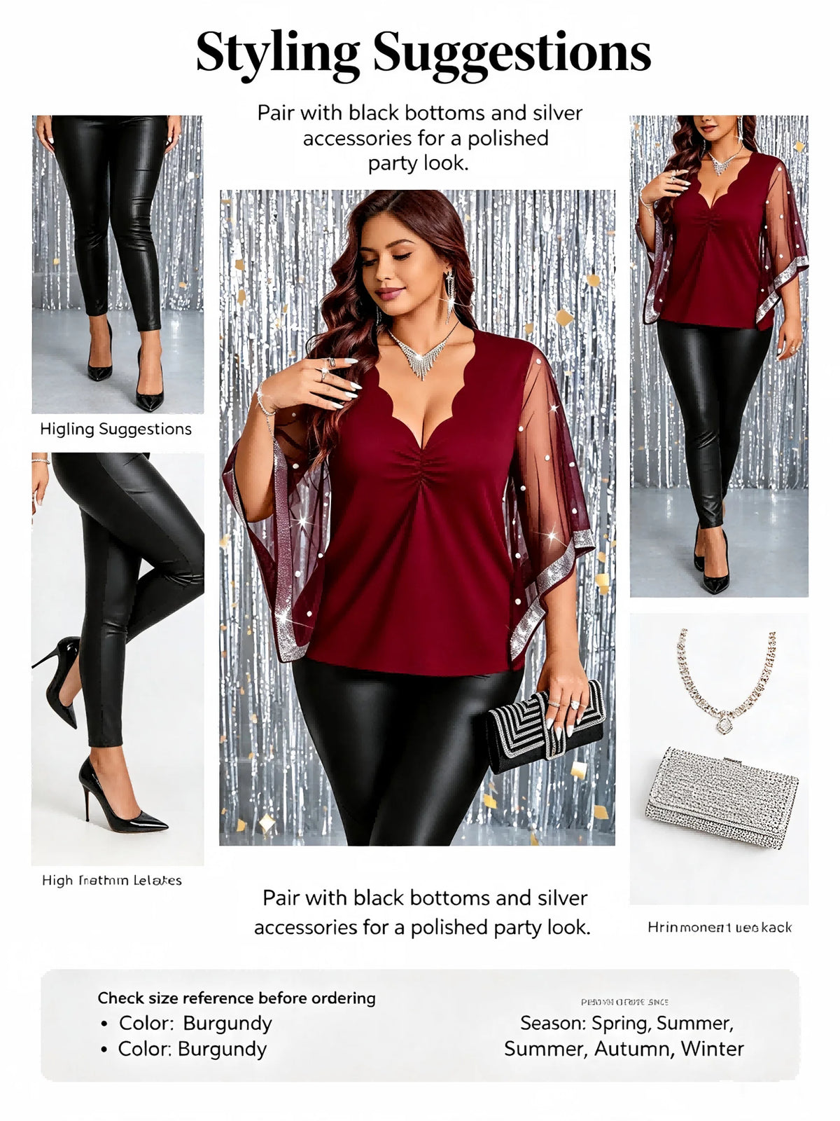 Plus Size Women Party Blouse Scallop V‑Neck Mesh Bell Sleeve Pearl Beaded Glitter Trim Burgundy Evening Clubwear Top