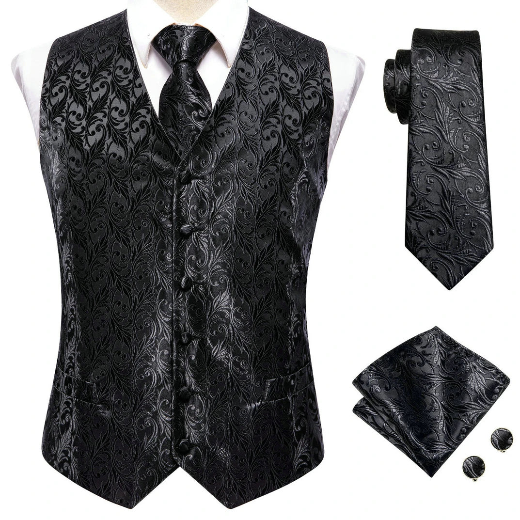 Men's Black Dress Vest Set with Tie Pocket Square Cufflinks - Jacquard Formal Tuxedo Waistcoat Suit Wedding Business Party