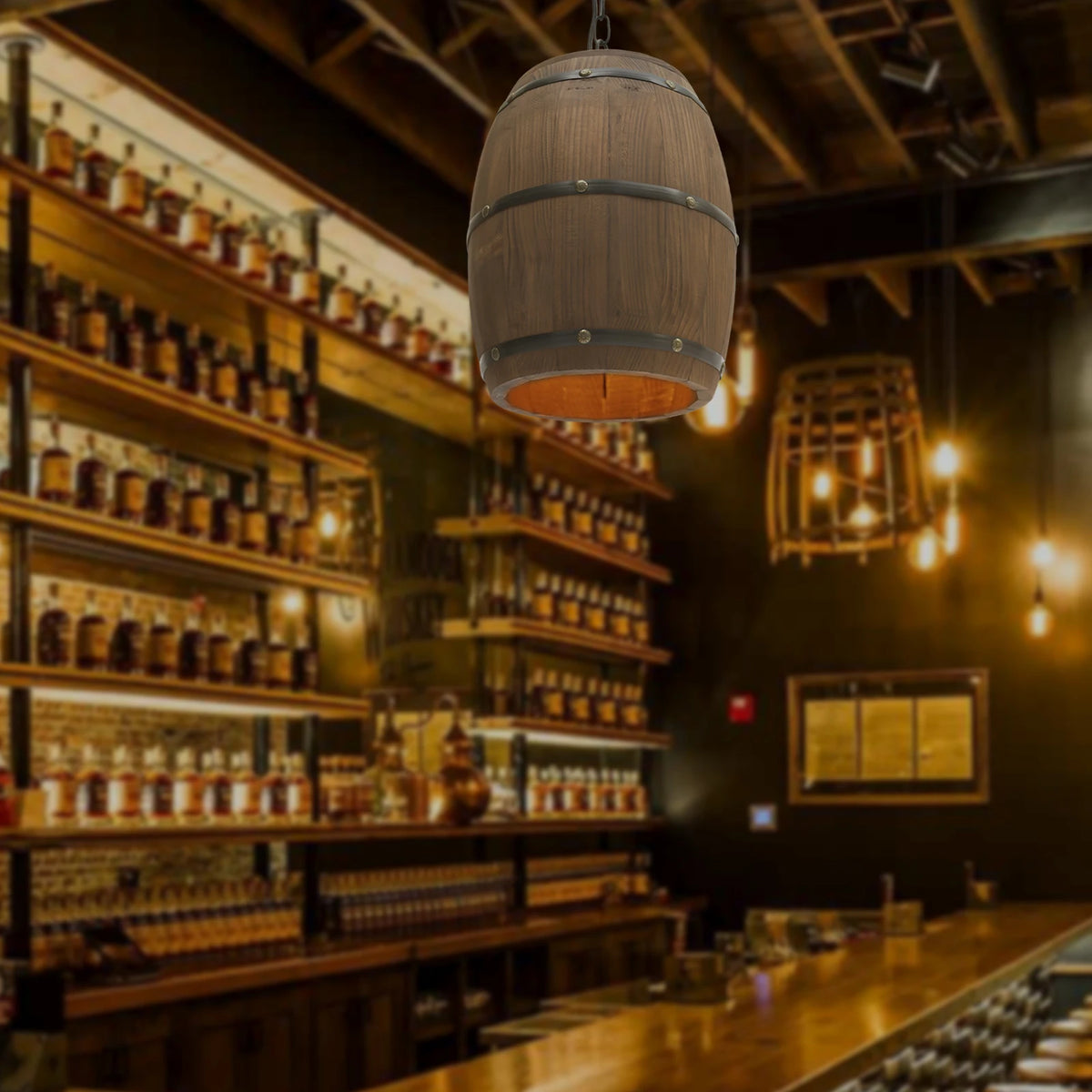 Retro Wood Wine Barrel Pendant Light，Industrial Ceiling Lamp ，Vintage Chandelier Light Fixtures for Bar Cafe Home Restaurant