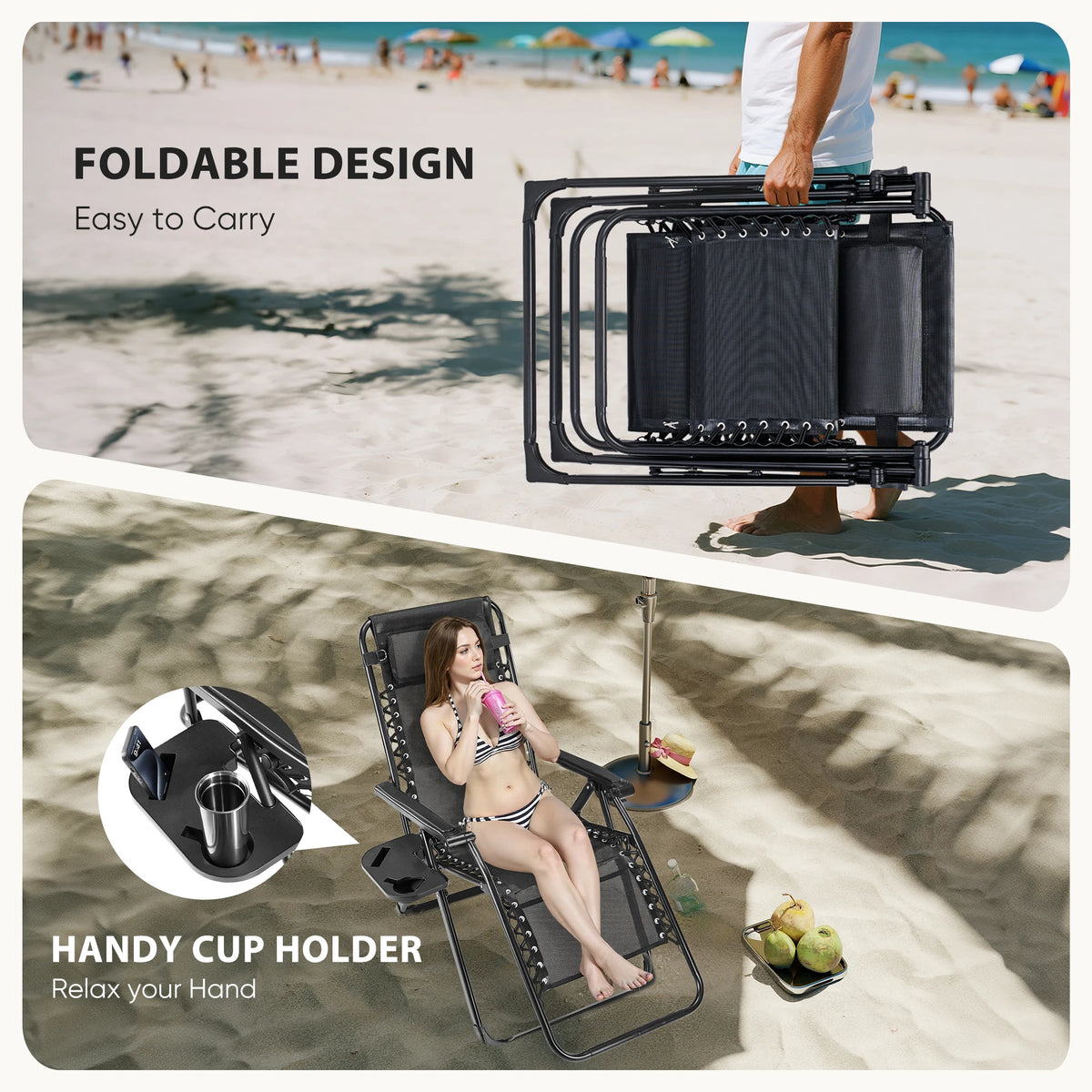 JHK Zero Gravity Recliner Camping Patio Lounge Chair Folding Portable with Cup Holder Trays Removable Cushion For Outdoor Garden