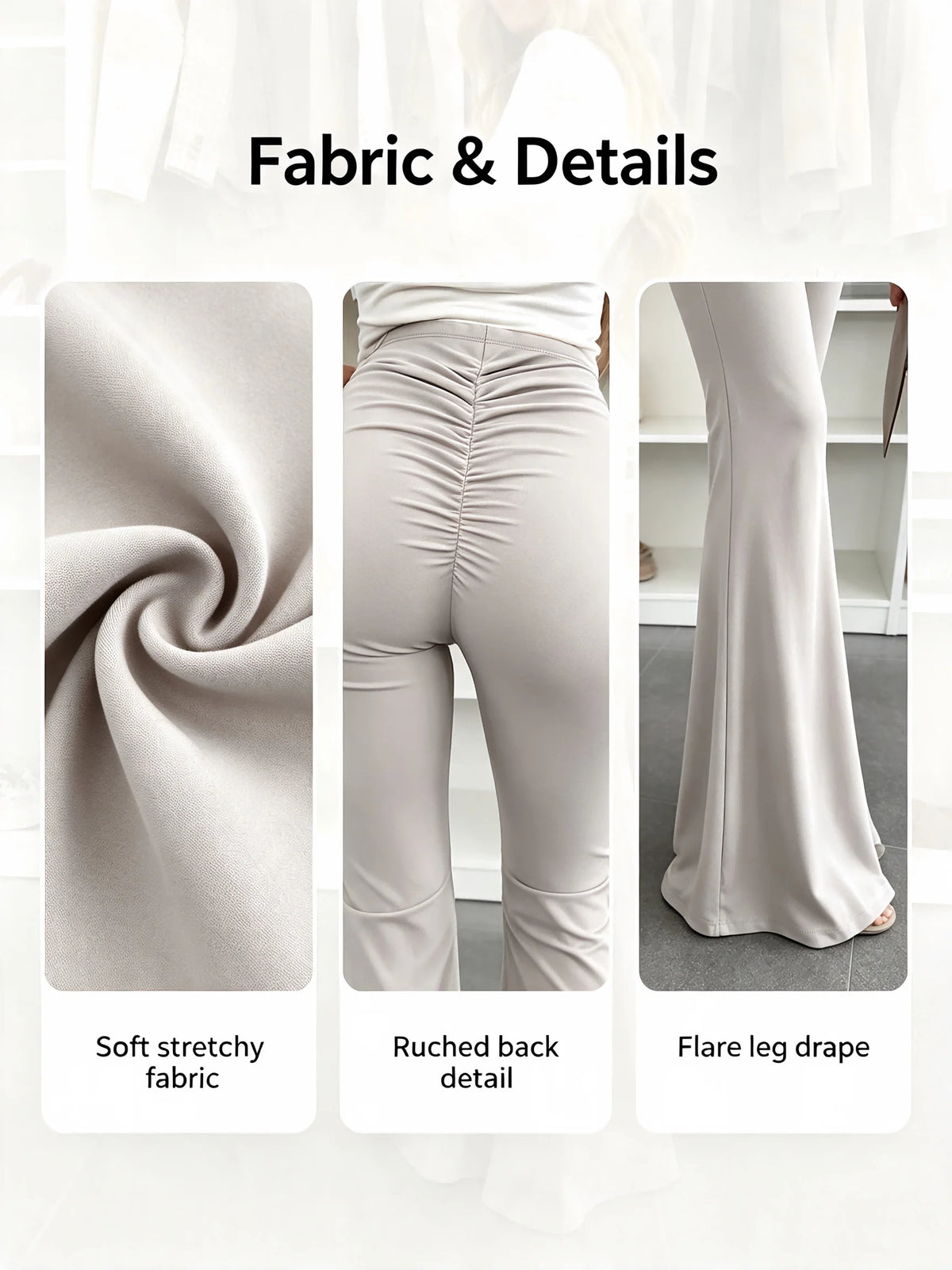 Women's High Waist Flare Leg Pants Ruched Back Stretchy Long Pants Elegant Office Streetwear